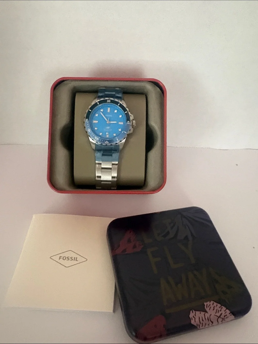 Fossil Blue Dial Silver-Tone Stainless Watch